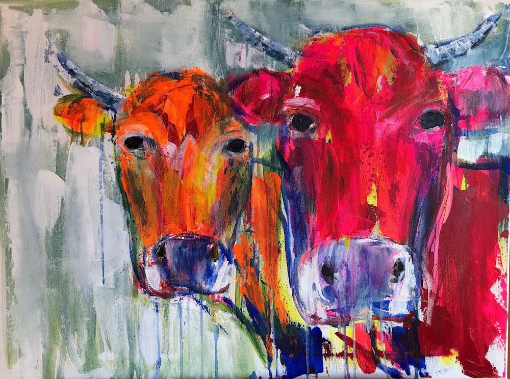 Kuhportrait zweier Kühe rot und orange gemalt zu Stumblin in
